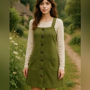 Full Circle Trends Olive Green Button-Front Pinafore Dress – Size M